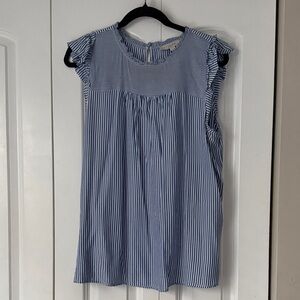 LOFT Blue & White Striped Ruffle Yoke Sleeveless Top